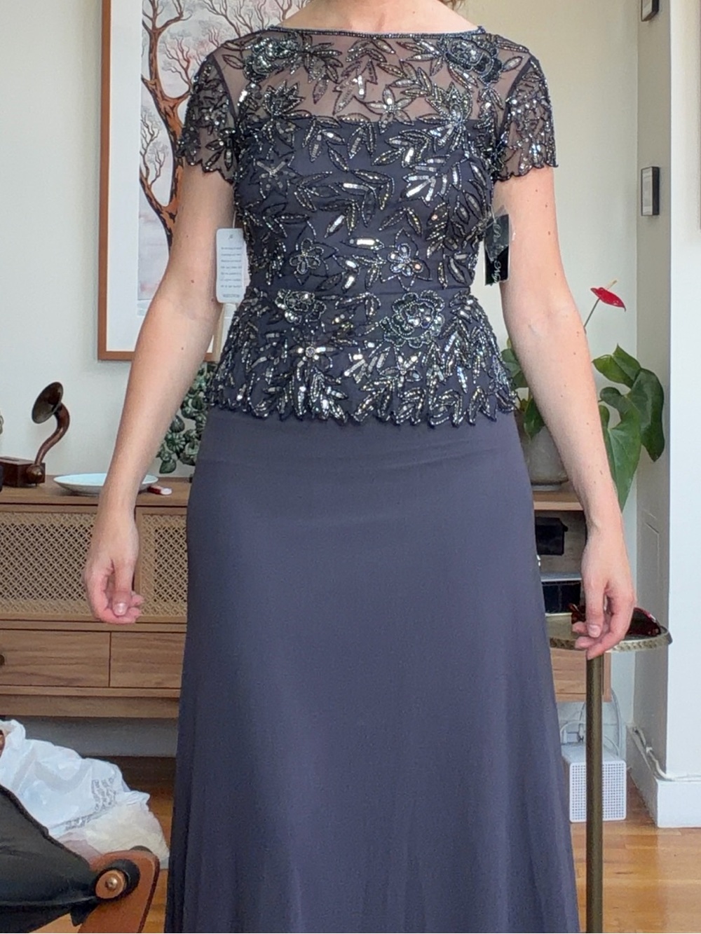 Pisarro Nights Navy Beaded Illusion Maxi Dress